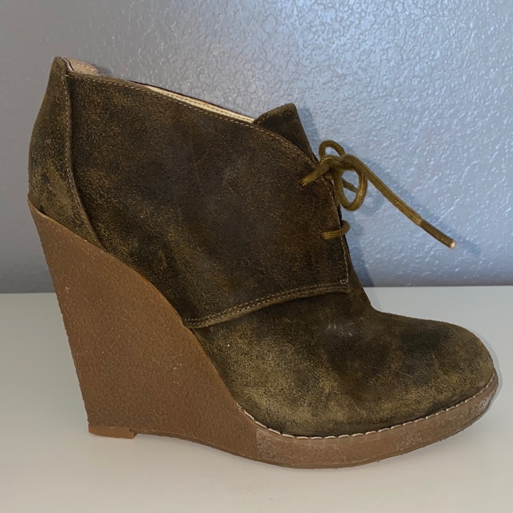 Olive Green Leather Wedge Booties